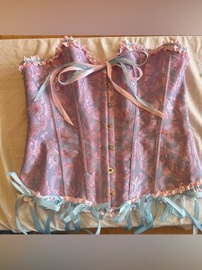 Pastel Pink & Blue Brocade Corset Top|Large|